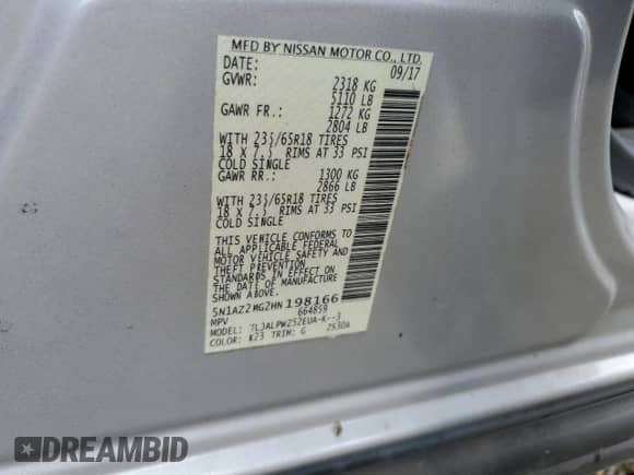 2017 Nissan Murano SL с VIN 5N1AZ2MG2HN198166, выставлен на аукционе Copart как лот 85350105 с пробегом 183 660 миль миль и Списание • Salvage title. История ставок и продаж доступна на DreamBid. Изображение 13.