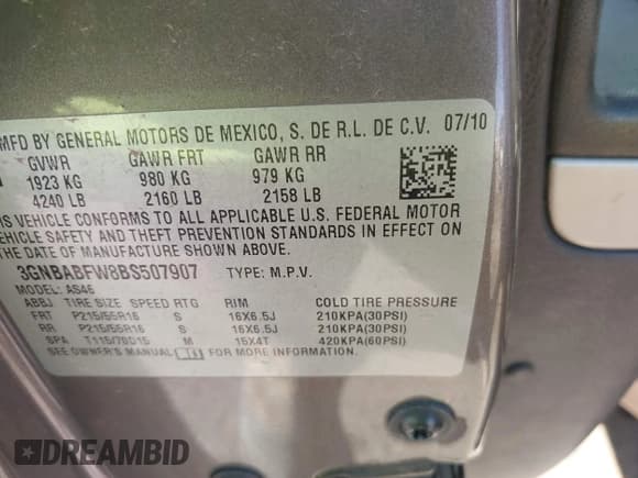 ✅ 2011 Chevrolet HHR 1LT • VIN: 3GNBABFW8BS507907 • Lot: 41504973. Listed on IAAI with 160,456 mi. Free auction sales archive from the USA and detailed vehicle history report at DreamBid. Image 9.