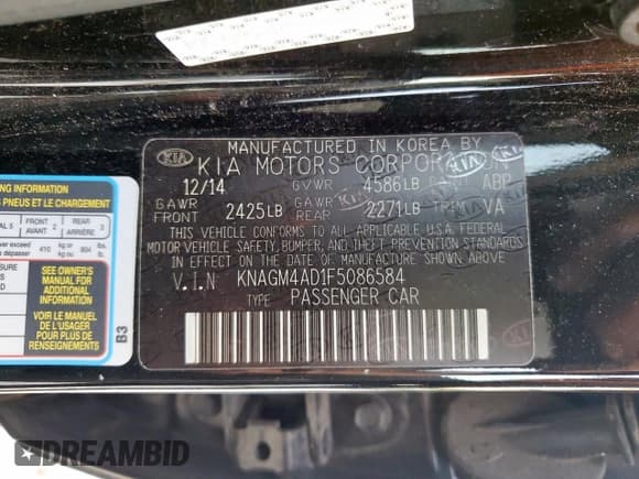 ✅ 2015 Kia Optima • VIN: KNAGM4AD1F5086584 • Лот: 89904595. Опубликован ранее на Copart с пробегом 95 479 миль. Бесплатный доступ к архиву аукционных продаж из США и подробный отчёт об истории автомобиля на DreamBid. Изображение 12.