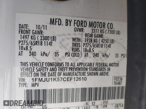 ✅ 2012 Ford Expedition Limited • VIN: 1FMJU1K57CEF12610 • Lot: 43784008. Listed on IAAI with 229,468 mi. Free auction sales archive from the USA and detailed vehicle history report at DreamBid. Image 9.