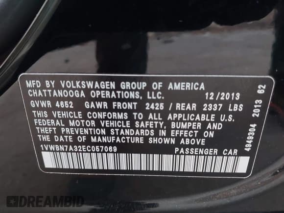 ✅ 2014 Volkswagen Passat SE • VIN: 1VWBN7A32EC057069 • Lot: 43852541. Listed on IAAI with 78,622 mi. Free auction sales archive from the USA and detailed vehicle history report at DreamBid. Image 9.
