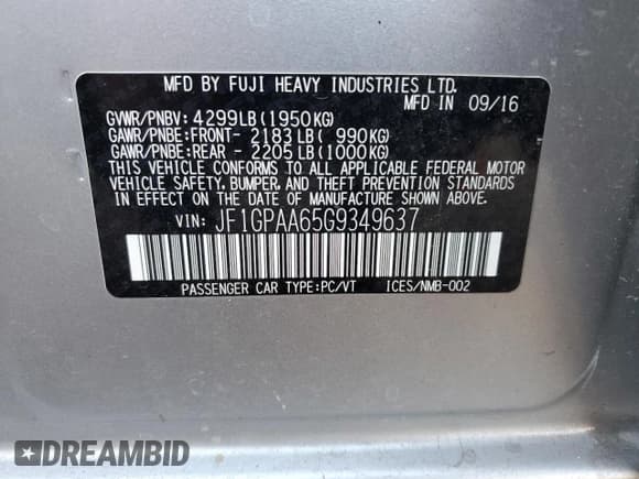 ✅ 2016 Subaru Impreza 2.0i • VIN: JF1GPAA65G9349637 • Lot: 87304955. Listed on Copart with 83,053 mi. Free auction sales archive from the USA and detailed vehicle history report at DreamBid. Image 13.