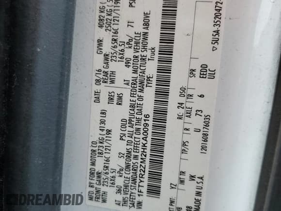 ✅ 2017 Ford Transit • VIN: 1FTYR2ZM2HKA00916 • Лот: 63469325. Опубликован ранее на Copart с пробегом 185 274 миль. Бесплатный доступ к архиву аукционных продаж из США и подробный отчёт об истории автомобиля на DreamBid. Изображение 12.