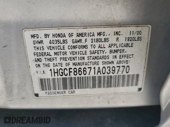 2001 Honda Accord VP with VIN 1HGCF86671A039770, listed as a Copart auction lot 54015445 with 165,540 mi miles and Salvage title. Bid and sale history available at DreamBid. Image 12.