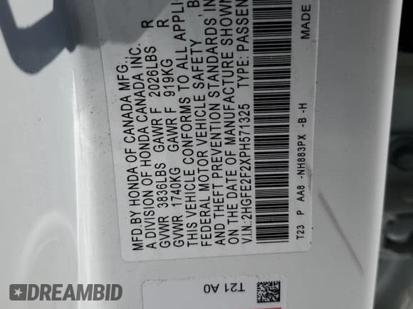 ✅ 2023 Honda Civic LX • VIN: 2HGFE2F2XPH571325 • Lot: 48691265. Wystawiony na Copart z przebiegiem 8 051 mil. Bezpłatny archiwum sprzedaży aukcyjnych z USA i szczegółowy raport historii pojazdu na DreamBid. Zdjęcie 12.