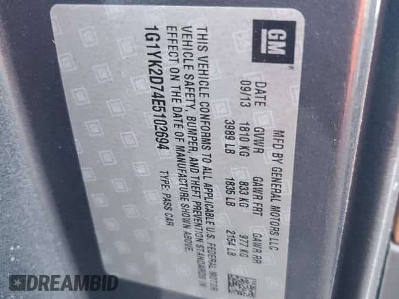 2014 Chevrolet Corvette Z51 2LT with VIN 1G1YK2D74E5102694, listed as a Copart auction lot 74066024 with Not provided miles and Non repairable. Bid and sale history available at DreamBid. Image 13.