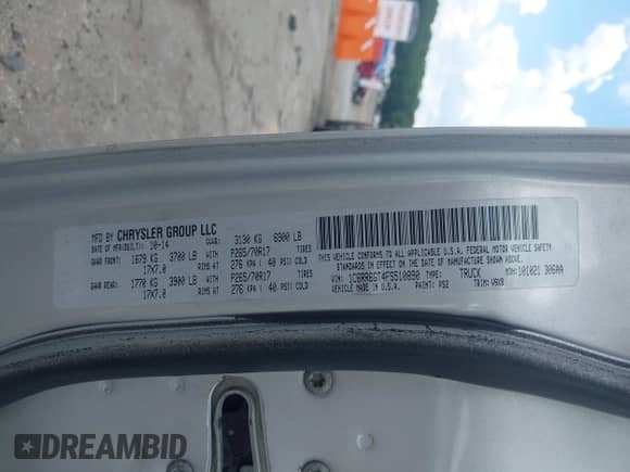 2015 Ram 1500 SLT with VIN 1C6RR6GT4FS510890, listed as a IAAI auction lot 42734264 with 218,194 mi miles and . Bid and sale history available at DreamBid. Image 9.