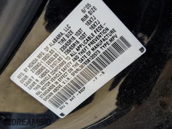 ✅ 2005 Honda Odyssey EX-L • VIN: 5FNRL38765B120573 • Lot: 86184895. Listed on Copart with 229,729 mi. Free auction sales archive from the USA and detailed vehicle history report at DreamBid. Image 13.