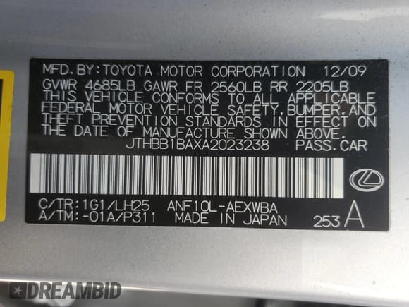 ✅ 2010 Lexus HS 250h • VIN: JTHBB1BAXA2023238 • Lot: 73402134. Wystawiony na Copart z przebiegiem 156 796 mil. Bezpłatny archiwum sprzedaży aukcyjnych z USA i szczegółowy raport historii pojazdu na DreamBid. Zdjęcie 12.