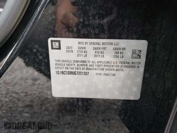 ✅ 2016 Chevrolet Cruze LS • VIN: 1G1BC5SM8G7251307 • Lot: 48101293. Listed on Copart with 66,919 mi. Free auction sales archive from the USA and detailed vehicle history report at DreamBid. Image 15.