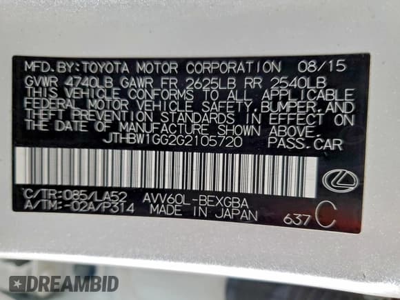 ✅ 2016 Lexus ES 300h • VIN: JTHBW1GG2G2105720 • Lot: 92766785. Listed on Copart with 109,308 mi. Free auction sales archive from the USA and detailed vehicle history report at DreamBid. Image 12.