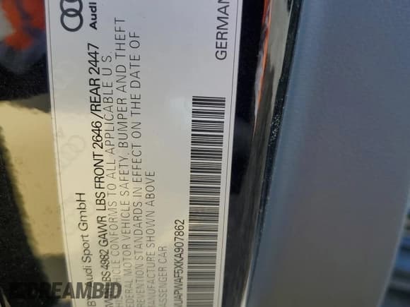 ✅ 2019 Audi RS 5 • VIN: WUAPWAF5XKA907862 • Lot: 58829445. Listed on Copart with 37,408 mi. Free auction sales archive from the USA and detailed vehicle history report at DreamBid. Image 13.