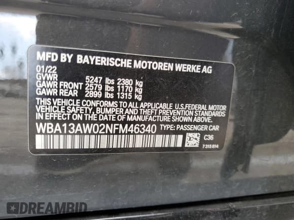 ✅ 2022 BMW 4 Series M440i xDrive • VIN: WBA13AW02NFM46340 • Lot: 39821173. Listed on Copart with 13,789 mi. Free auction sales archive from the USA and detailed vehicle history report at DreamBid. Image 14.