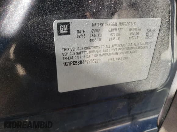 ✅ 2015 Chevrolet Cruze LT • VIN: 1G1PC5SB4F7205220 • Lot: 37124343. Listed on Copart with 119,522 mi. Free auction sales archive from the USA and detailed vehicle history report at DreamBid. Image 14.