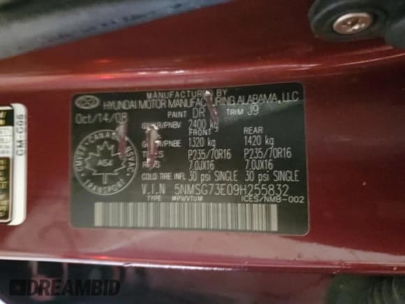 ✅ 2009 Hyundai Santa Fe GL • VIN: 5NMSG73E09H255832 • Lot: 71076294. Listed on Copart with 169,849 mi. Free auction sales archive from the USA and detailed vehicle history report at DreamBid. Image 14.