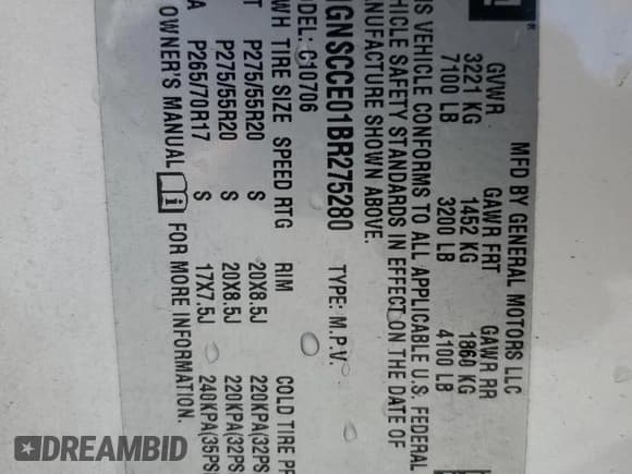 ✅ 2011 Chevrolet Tahoe LTZ • VIN: 1GNSCCE01BR275280 • Lot: 87010335. Listed on Copart with 184,252 mi. Free auction sales archive from the USA and detailed vehicle history report at DreamBid. Image 13.