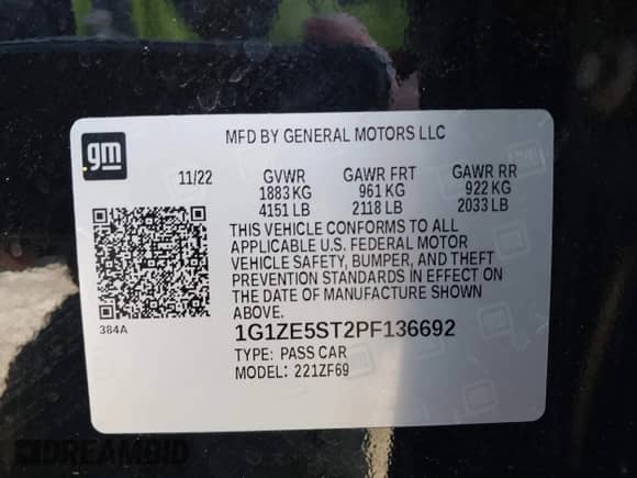 2023 Chevrolet Malibu LT with VIN 1G1ZE5ST2PF136692, listed as a IAAI auction lot 41573195 with 22,925 mi miles and . Bid and sale history available at DreamBid. Image 9.