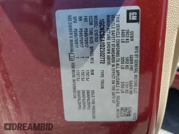 2013 Chevrolet Silverado 1500 LT with VIN 1GCNCSEA0DZ302772, listed as a Copart auction lot 66213925 with Not provided miles and Salvage title. Bid and sale history available at DreamBid. Image 12.