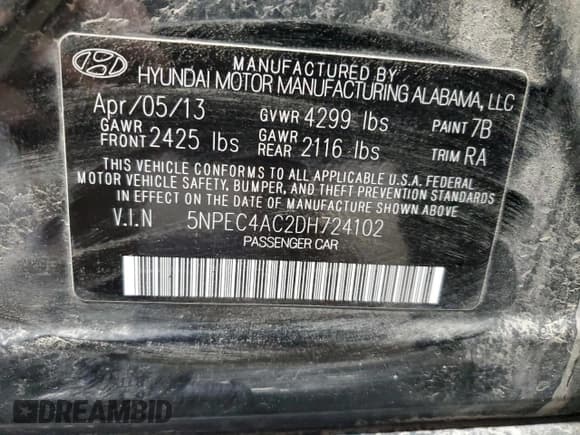 ✅ 2013 Hyundai Sonata SE • VIN: 5NPEC4AC2DH724102 • Lot: 90995505. Listed on Copart with 157,109 mi. Free auction sales archive from the USA and detailed vehicle history report at DreamBid. Image 12.