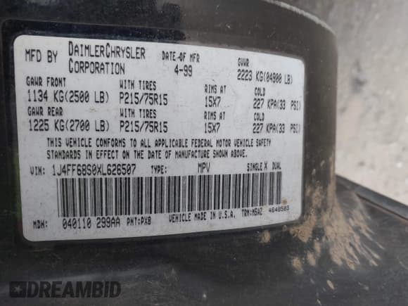 ✅ 1999 Jeep Cherokee Sport • VIN: 1J4FF68S0XL626507 • Лот: 41584988. Опубликован ранее на IAAI с пробегом 301 356 миль. Бесплатный доступ к архиву аукционных продаж из США и подробный отчёт об истории автомобиля на DreamBid. Изображение 9.