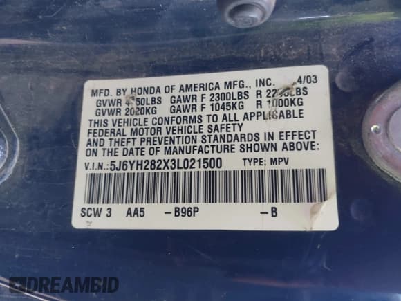 ✅ 2003 Honda Element DX • VIN: 5J6YH282X3L021500 • Лот: 43333923. Опубликован ранее на IAAI с пробегом 272 573 миль. Бесплатный доступ к архиву аукционных продаж из США и подробный отчёт об истории автомобиля на DreamBid. Изображение 9.