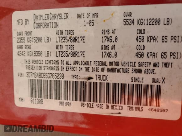 ✅ 2005 Dodge 3500 SLT • VIN: 3D7MS48C65G765238 • Lot: 70204975. Listed on Copart with 122,663 mi. Free auction sales archive from the USA and detailed vehicle history report at DreamBid. Image 10.