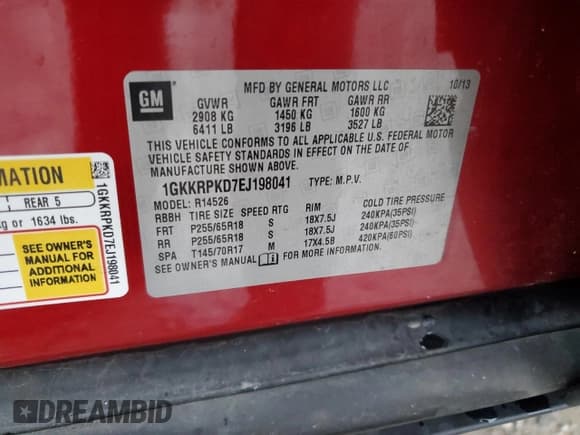 ✅ 2014 GMC Acadia SLE • VIN: 1GKKRPKD7EJ198041 • Lot: 93767245. Listed on Copart with 145,861 mi. Free auction sales archive from the USA and detailed vehicle history report at DreamBid. Image 13.