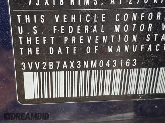 ✅ 2022 Volkswagen Tiguan SE • VIN: 3VV2B7AX3NM043163 • Lot: 43106844. Wystawiony na IAAI z przebiegiem 38 953 mil. Bezpłatny archiwum sprzedaży aukcyjnych z USA i szczegółowy raport historii pojazdu na DreamBid. Zdjęcie 9.