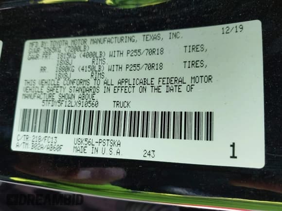 ✅ 2020 Toyota Tundra SR5 • VIN: 5TFDY5F12LX910560 • Lot: 42412014. Wystawiony na IAAI z przebiegiem 85 690 mil. Bezpłatny archiwum sprzedaży aukcyjnych z USA i szczegółowy raport historii pojazdu na DreamBid. Zdjęcie 9.