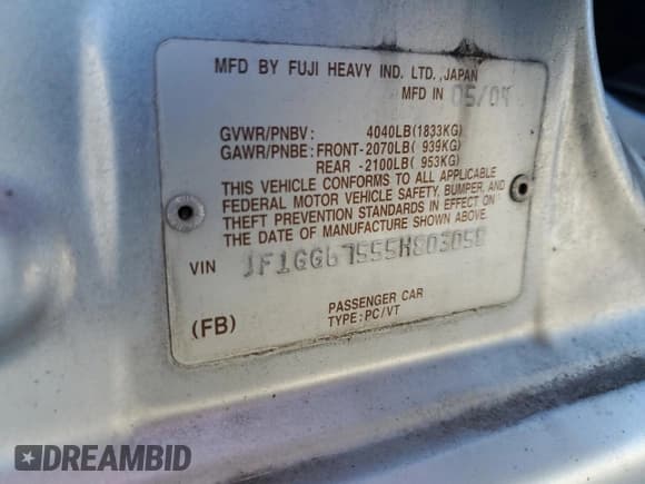 ✅ 2005 Subaru Impreza RS • VIN: JF1GG67555H803058 • Lot: 46833425. Wystawiony na Copart z przebiegiem 237 636 mil. Bezpłatny archiwum sprzedaży aukcyjnych z USA i szczegółowy raport historii pojazdu na DreamBid. Zdjęcie 12.