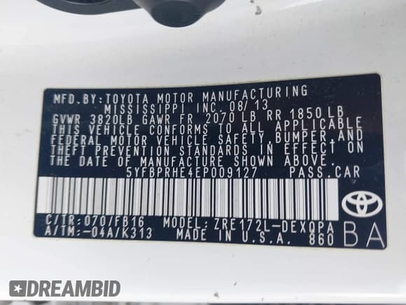 ✅ 2014 Toyota Corolla LE Eco • VIN: 5YFBPRHE4EP009127 • Lot: 42781397. Listed on IAAI with 194,768 mi. Free auction sales archive from the USA and detailed vehicle history report at DreamBid. Image 9.