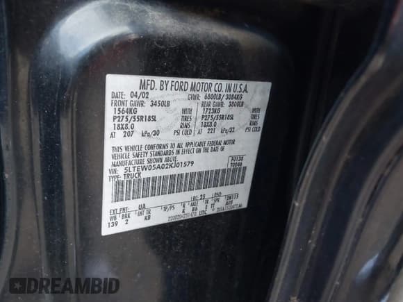 ✅ 2002 Lincoln Blackwood • VIN: 5LTEW05A02KJ01579 • Lot: 41408693. Listed on IAAI with Not provided. Free auction sales archive from the USA and detailed vehicle history report at DreamBid. Image 9.