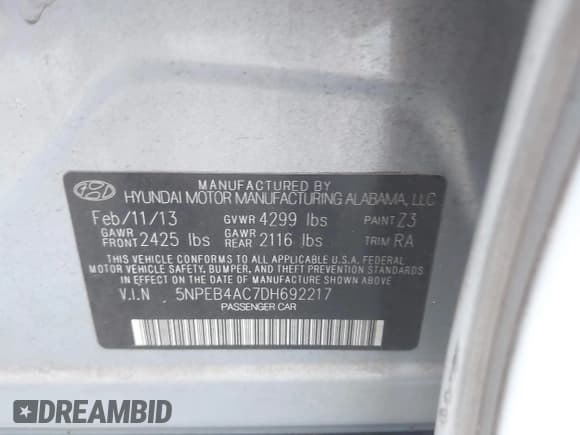 ✅ 2013 Hyundai Sonata GLS • VIN: 5NPEB4AC7DH692217 • Lot: 43577595. Listed on IAAI with 143,667 mi. Free auction sales archive from the USA and detailed vehicle history report at DreamBid. Image 9.