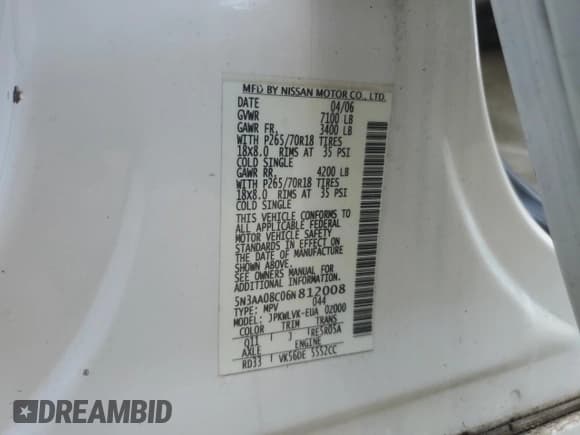 ✅ 2006 Infiniti QX56 • VIN: 5N3AA08C06N812008 • Lot: 70262735. Listed on Copart with Not provided. Free auction sales archive from the USA and detailed vehicle history report at DreamBid. Image 13.