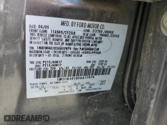 ✅ 2005 Mercury Montego Luxury • VIN: 1MEFM40185G617979 • Lot: 65449095. Wystawiony na Copart z przebiegiem 191 127 mil. Bezpłatny archiwum sprzedaży aukcyjnych z USA i szczegółowy raport historii pojazdu na DreamBid. Zdjęcie 12.