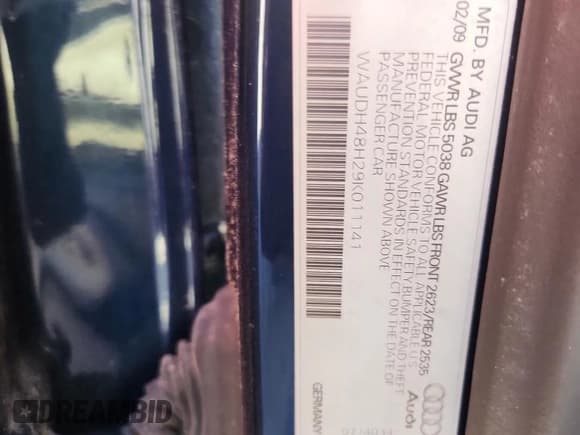 ✅ 2009 Audi A4 3.2L • VIN: WAUDH48H29K011141 • Lot: 89491545. Listed on Copart with Not provided. Free auction sales archive from the USA and detailed vehicle history report at DreamBid. Image 12.