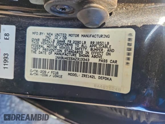 ✅ 2010 Toyota Corolla • VIN: 1NXBU4EE6AZ313343 • Lot: 95123765. Listed on Copart with 203,215 mi. Free auction sales archive from the USA and detailed vehicle history report at DreamBid. Image 12.