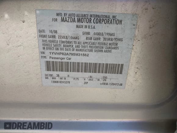 ✅ 2009 Mazda 6 i Touring • VIN: 1YVHP82A795M31562 • Lot: 41970484. Listed on IAAI with 128,724 mi. Free auction sales archive from the USA and detailed vehicle history report at DreamBid. Image 9.