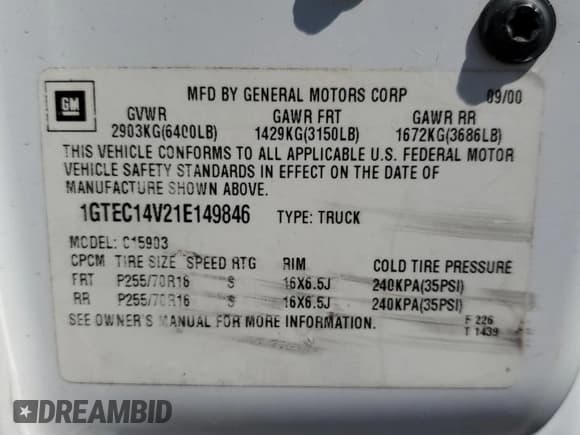 ✅ 2001 GMC Sierra 1500 Work Truck • VIN: 1GTEC14V21E149846 • Lot: 68165515. Listed on Copart with 338,186 mi. Free auction sales archive from the USA and detailed vehicle history report at DreamBid. Image 12.