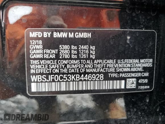 ✅ 2019 BMW M5 Competition • VIN: WBSJF0C53KB446928 • Lot: 71231395. Wystawiony na Copart z przebiegiem 96 323 mil. Bezpłatny archiwum sprzedaży aukcyjnych z USA i szczegółowy raport historii pojazdu na DreamBid. Zdjęcie 12.