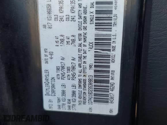 ✅ 2003 Dodge 1500 ST • VIN: 1D7HU18D23S309813 • Lot: 92507585. Listed on Copart with 192,241 mi. Free auction sales archive from the USA and detailed vehicle history report at DreamBid. Image 12.