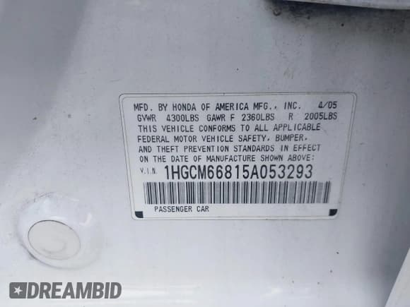 ✅ 2005 Honda Accord EX-L • VIN: 1HGCM66815A053293 • Lot: 43839398. Listed on IAAI with 214,752 mi. Free auction sales archive from the USA and detailed vehicle history report at DreamBid. Image 9.