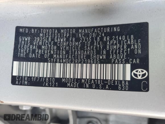 ✅ 2024 Toyota Corolla LE • VIN: 5YFB4MDE2RP219605 • Lot: 84244435. Listed on Copart with 82,280 mi. Free auction sales archive from the USA and detailed vehicle history report at DreamBid. Image 13.