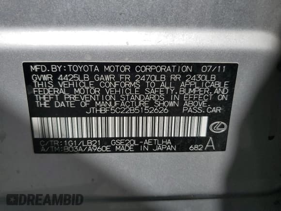 ✅ 2011 Lexus IS 250 • VIN: JTHBF5C22B5152626 • Lot: 60468225. Listed on Copart with Not provided. Free auction sales archive from the USA and detailed vehicle history report at DreamBid. Image 12.