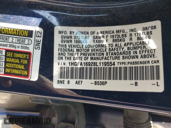 ✅ 2008 Honda Civic EX-L • VIN: 1HGFA16928L119554 • Lot: 42607999. Listed on IAAI with 245,548 mi. Free auction sales archive from the USA and detailed vehicle history report at DreamBid. Image 9.