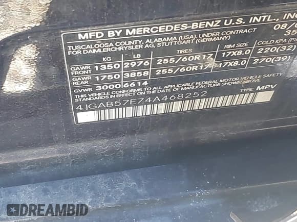 ✅ 2004 Mercedes-Benz M 350 • VIN: 4JGAB57E74A468252 • Lot: 41706046. Listed on IAAI with 126,119 mi. Free auction sales archive from the USA and detailed vehicle history report at DreamBid. Image 9.