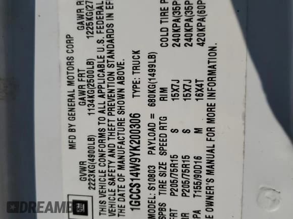 ✅ 2000 Chevrolet S-10 • VIN: 1GCCS14W9YK200306 • Lot: 80276005. Listed on Copart with 148,810 mi. Free auction sales archive from the USA and detailed vehicle history report at DreamBid. Image 12.