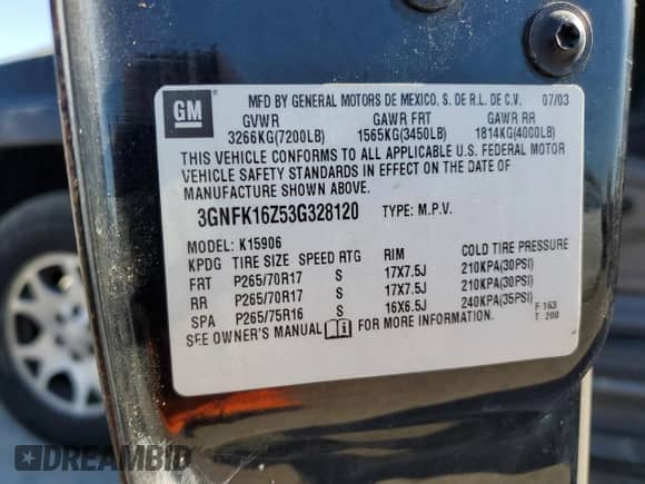 2003 Chevrolet Suburban Z71 с VIN 3GNFK16Z53G328120, выставлен на аукционе Copart как лот 75628484 с пробегом 221 108 миль миль и Списание • Salvage title. История ставок и продаж доступна на DreamBid. Изображение 13.