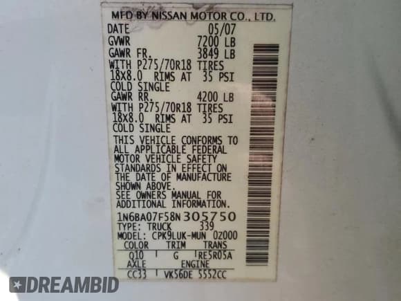 ✅ 2008 Nissan Titan • VIN: 1N6BA07F58N305750 • Лот: 72731584. Опубликован ранее на Copart с пробегом 165 081 миль. Бесплатный доступ к архиву аукционных продаж из США и подробный отчёт об истории автомобиля на DreamBid. Изображение 12.