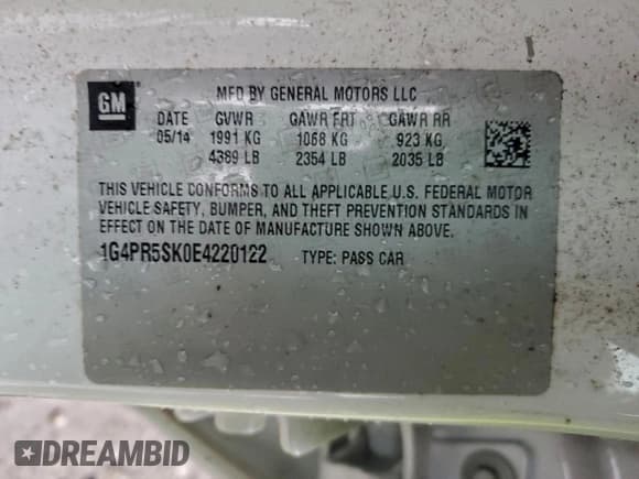 ✅ 2014 Buick Verano Convenience Group • VIN: 1G4PR5SK0E4220122 • Лот: 94792685. Опубликован ранее на Copart с пробегом 232 960 миль. Бесплатный доступ к архиву аукционных продаж из США и подробный отчёт об истории автомобиля на DreamBid. Изображение 12.